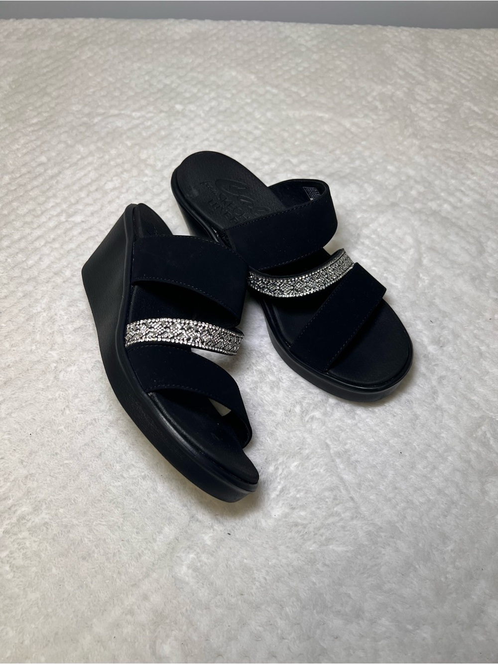 Skechers Black Wedge Slide Sandals with Silver Rhinestone Strap